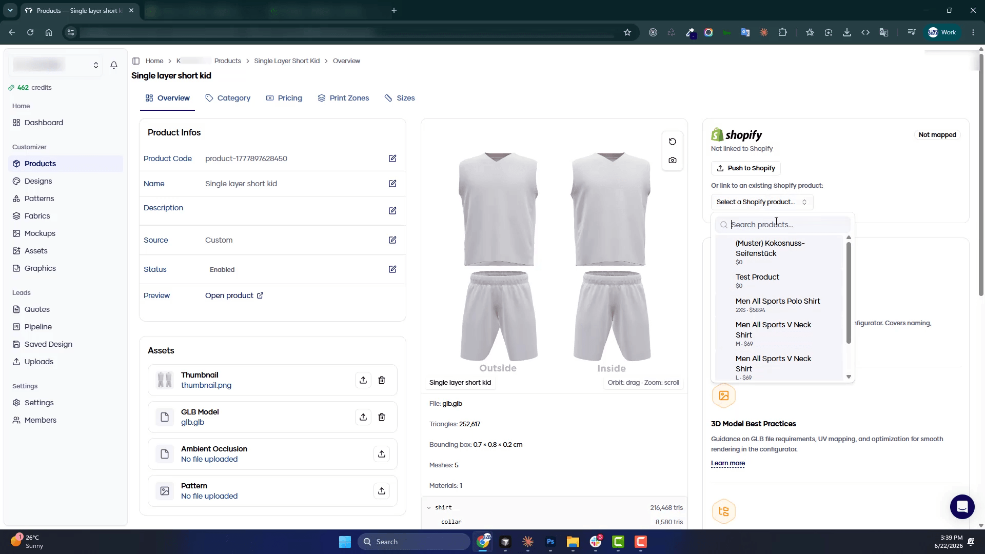 Konfiwear product page showing Shopify product mapping and synchronization options